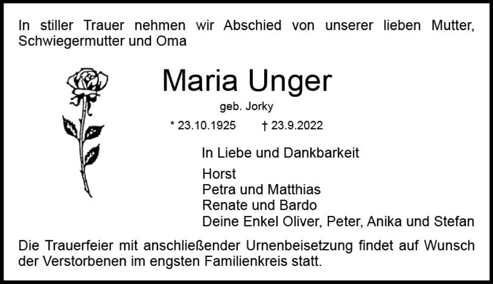  Traueranzeige für Maria Unger vom 08.10.2022 aus vrm-trauer DieburgerAnzeiger/Groß-Zimmerner Lokala