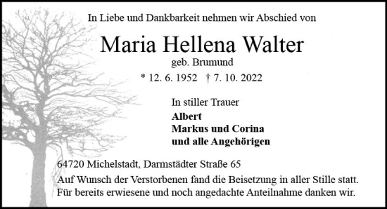 Traueranzeige von Maria Hellena Walter von vrm-trauer Odenwälder Echo