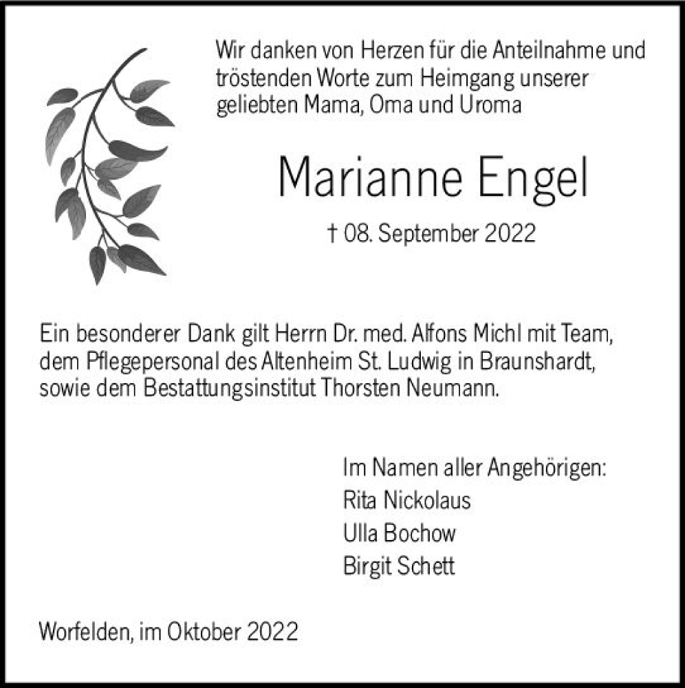  Traueranzeige für Marianne Engel vom 08.10.2022 aus vrm-trauer Groß-Gerauer Echo