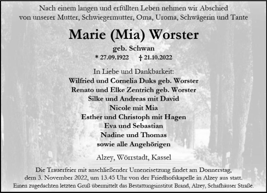 Traueranzeige von Marie Worster von vrm-trauer Allgemeine Zeitung Alzey