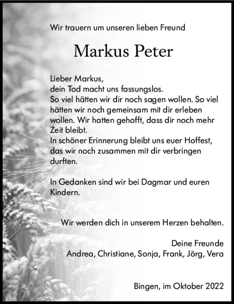  Traueranzeige für Markus Peter vom 08.10.2022 aus vrm-trauer Allgemeine  Zeitung Ingelheim-Bingen