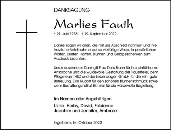 Traueranzeige von Marlies Fauth von vrm-trauer Allgemeine  Zeitung Ingelheim-Bingen
