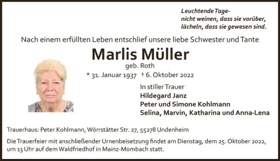 Traueranzeige von Marlis Müller von vrm-trauer AZ Mainz