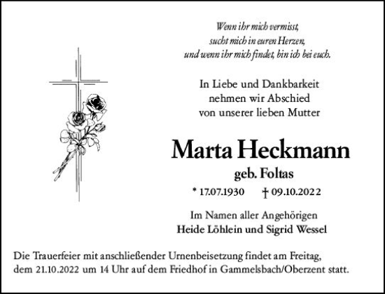 Traueranzeige von Marta Heckmann von vrm-trauer Odenwälder Echo
