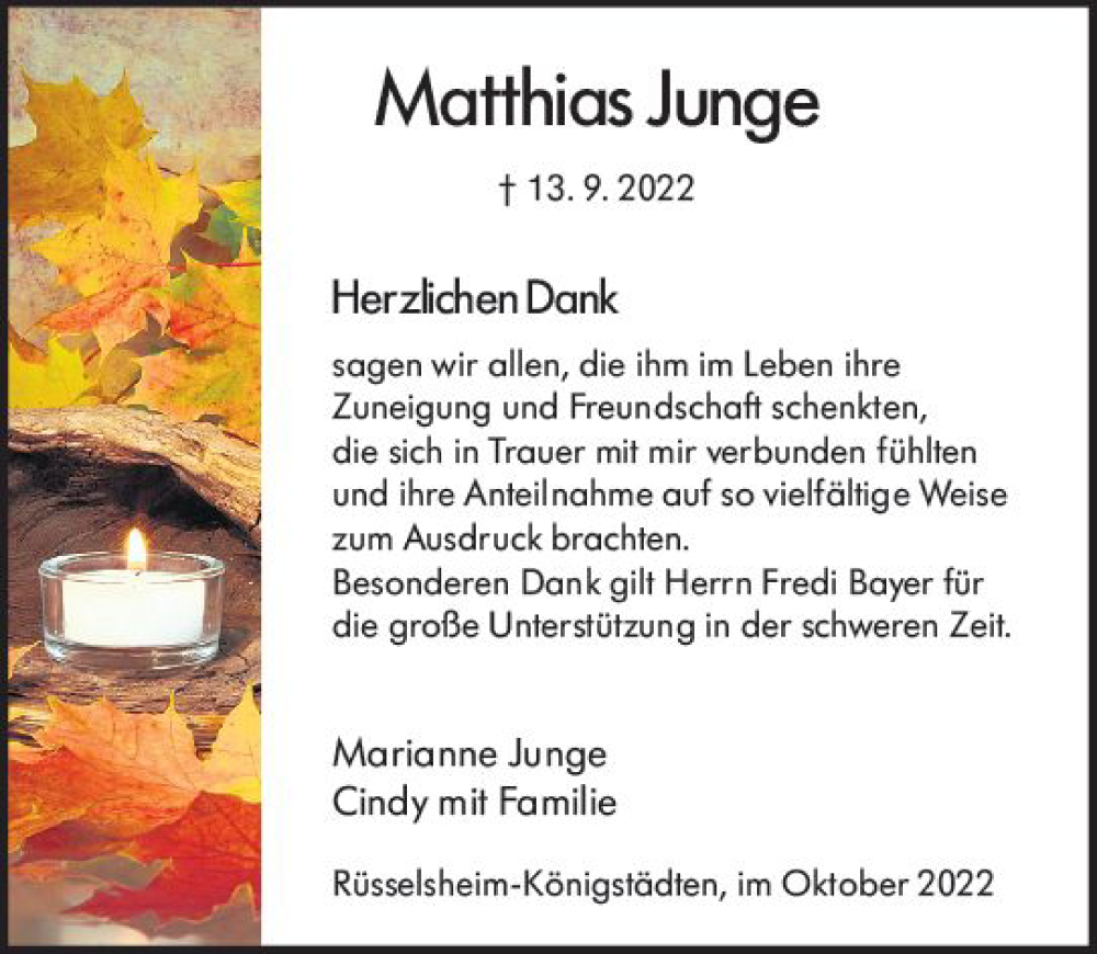  Traueranzeige für Matthias Junge vom 15.10.2022 aus vrm-trauer Rüsselsheimer Echo / MainSpitze
