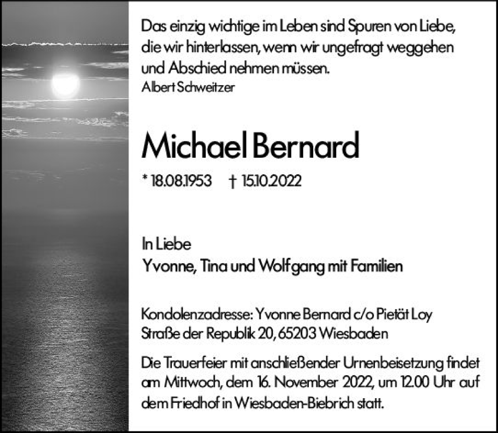  Traueranzeige für Michael Bernard vom 22.10.2022 aus vrm-trauer Wiesbadener Kurier