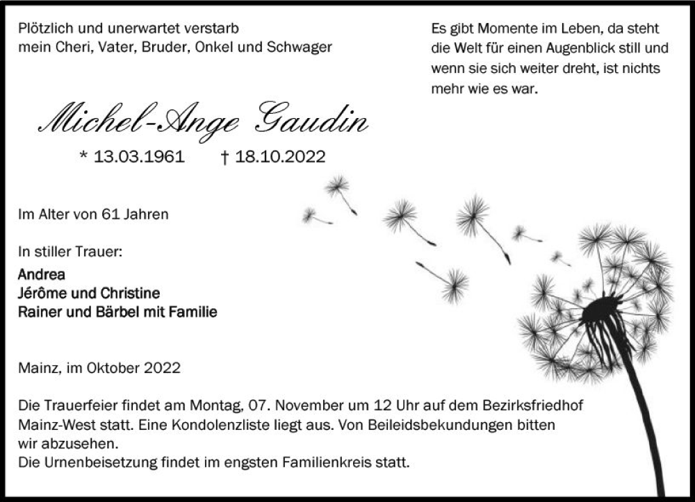  Traueranzeige für Michel-Ange Gaudin vom 29.10.2022 aus vrm-trauer AZ Mainz