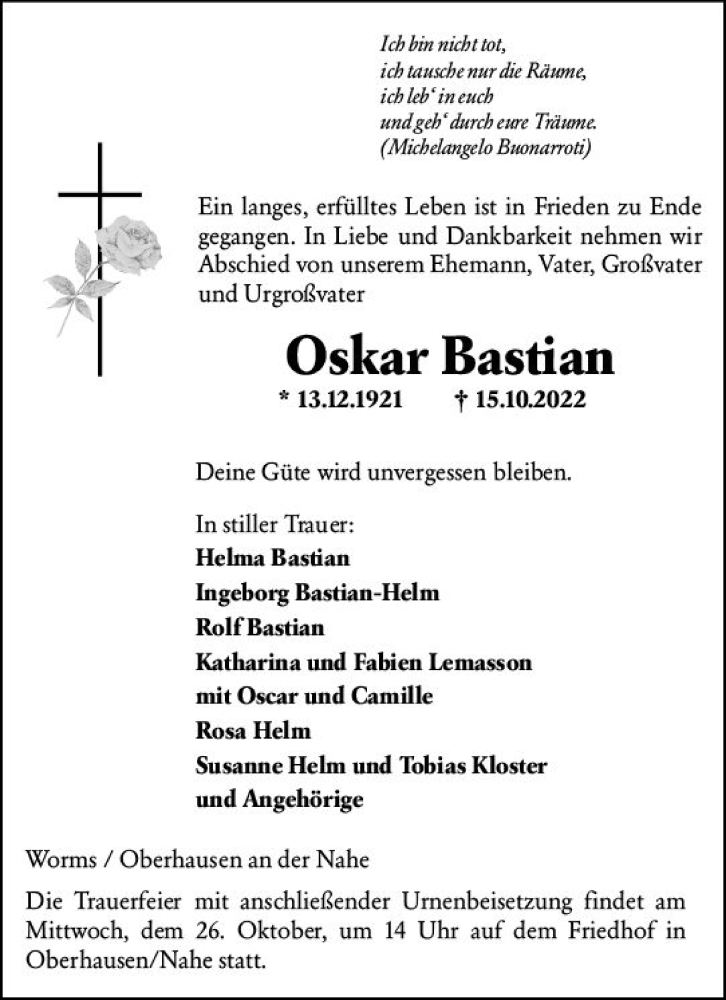  Traueranzeige für Oskar Bastian vom 20.10.2022 aus vrm-trauer Allg. Zeitung Bad Kreuznach