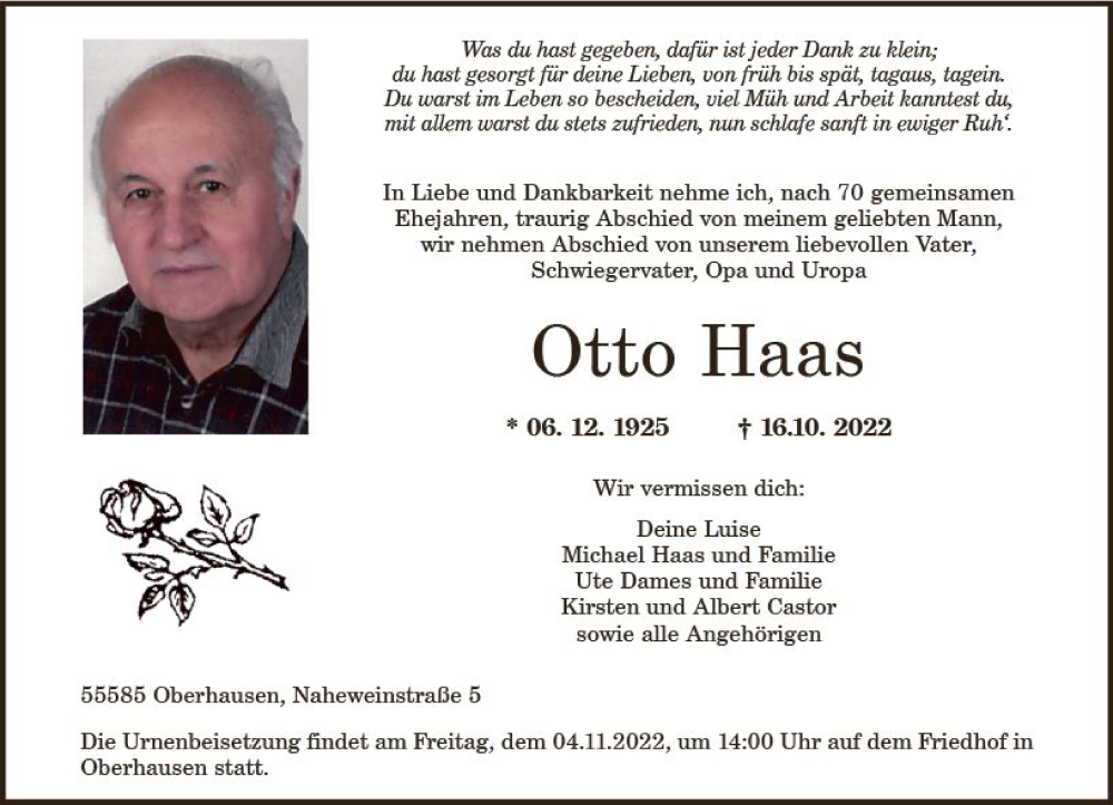  Traueranzeige für Otto Haas vom 29.10.2022 aus vrm-trauer Allg. Zeitung Bad Kreuznach