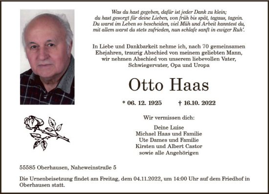 Traueranzeige von Otto Haas von vrm-trauer Allg. Zeitung Bad Kreuznach