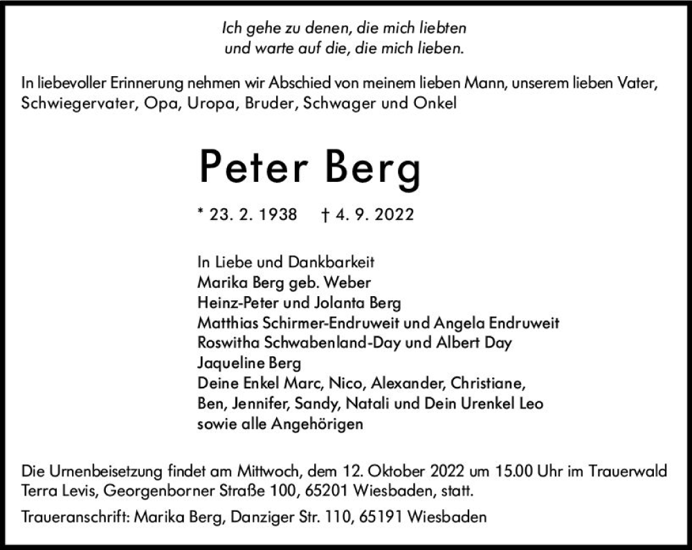  Traueranzeige für Peter Berg vom 08.10.2022 aus vrm-trauer Allgemeine  Zeitung Ingelheim-Bingen