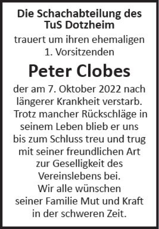 Traueranzeige von Peter Clobes von vrm-trauer Wiesbadener Kurier