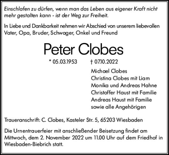 Traueranzeige von Peter Clobes von vrm-trauer Wiesbadener Kurier