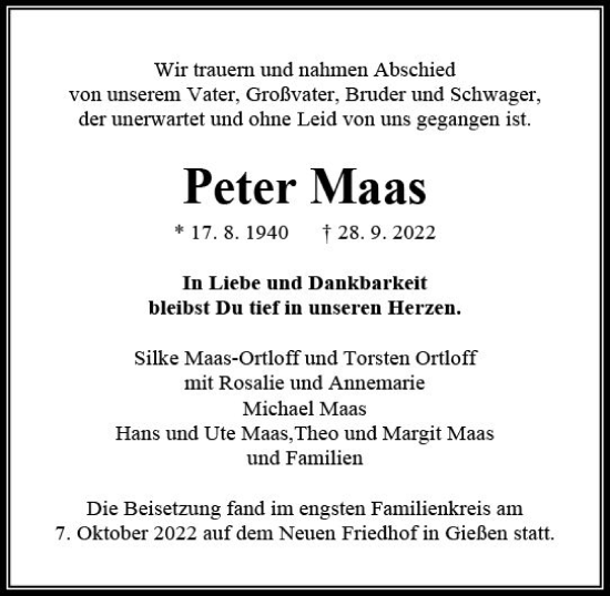 Traueranzeige von Peter Maas von vrm-trauer WK-UTA