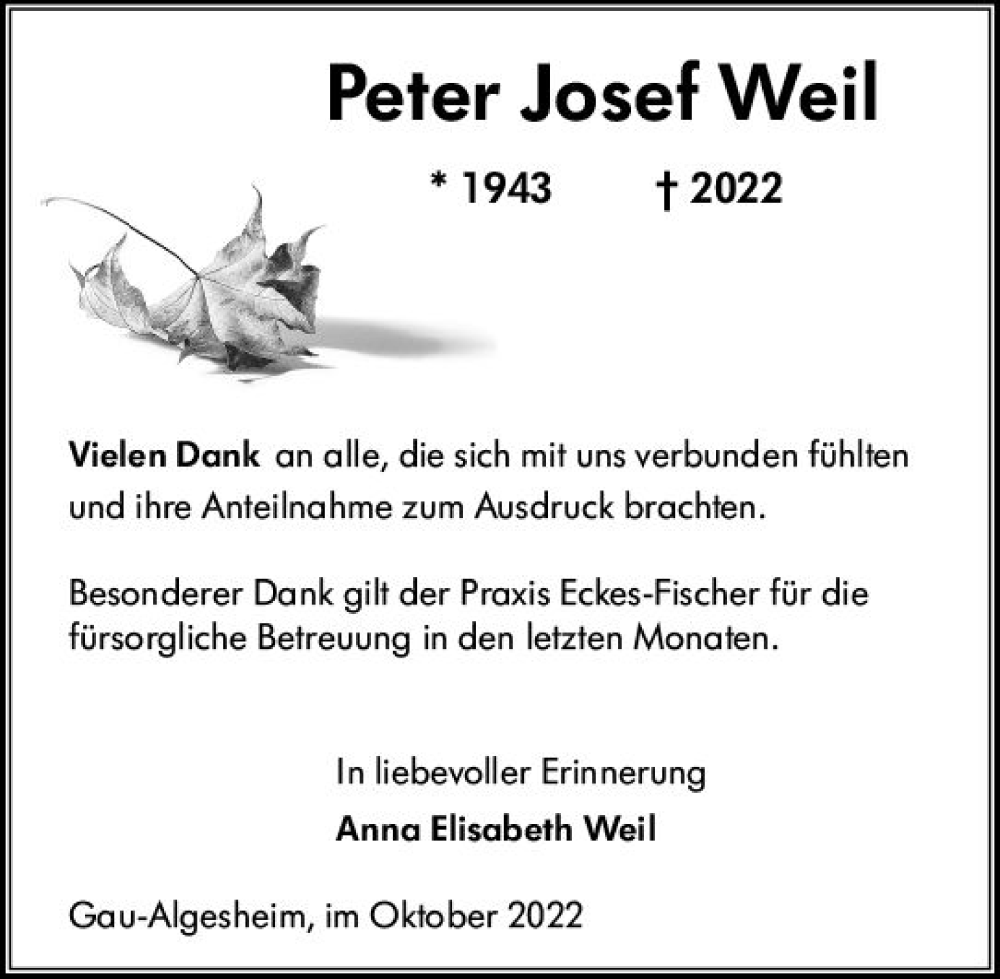  Traueranzeige für Peter Josef Weil vom 20.10.2022 aus vrm-trauer Allgemeine  Zeitung Ingelheim-Bingen