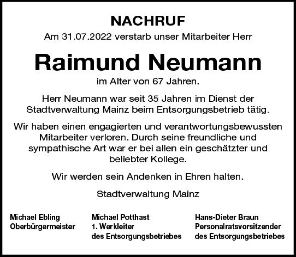  Traueranzeige für Raimund Neumann vom 08.10.2022 aus vrm-trauer AZ Mainz