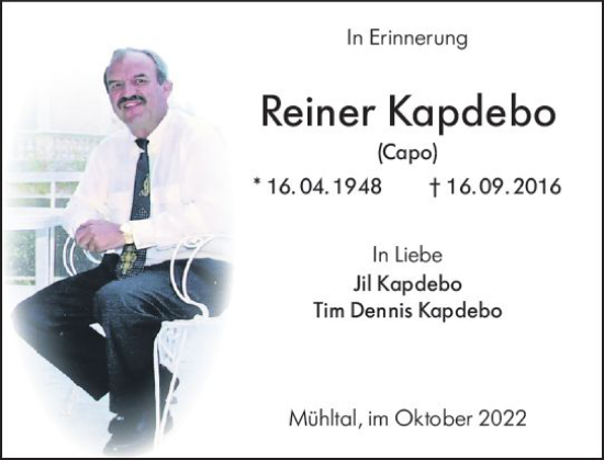 Traueranzeige von Reiner Kapdebo von vrm-trauer Darmstädter Echo