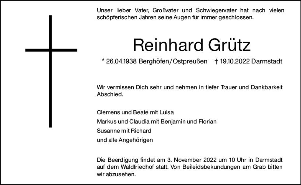  Traueranzeige für Reinhard Grütz vom 29.10.2022 aus vrm-trauer Darmstädter Echo