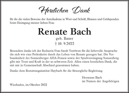 Traueranzeige von Renate Bach von vrm-trauer Wiesbadener Kurier