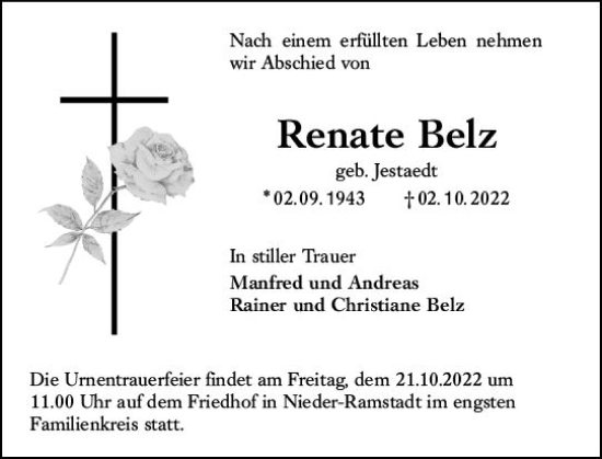 Traueranzeige von Renate Belz von vrm-trauer Darmstädter Echo