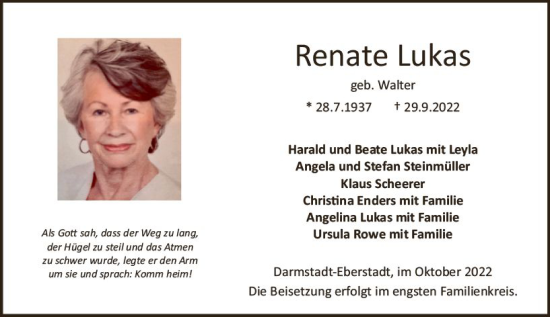 Traueranzeige von Renate Lukas von vrm-trauer Darmstädter Echo