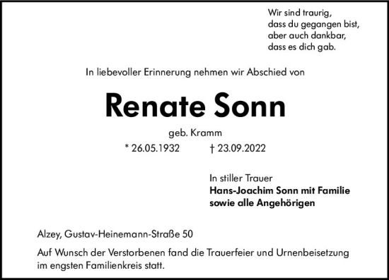Traueranzeige von Renate Sonn von vrm-trauer Allgemeine Zeitung Alzey
