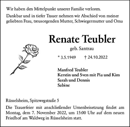 Traueranzeige von Renate Teubler von vrm-trauer Rüsselsheimer Echo / MainSpitze