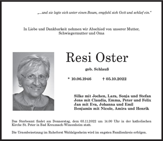 Traueranzeige von Resi Oster von vrm-trauer Allg. Zeitung Bad Kreuznach