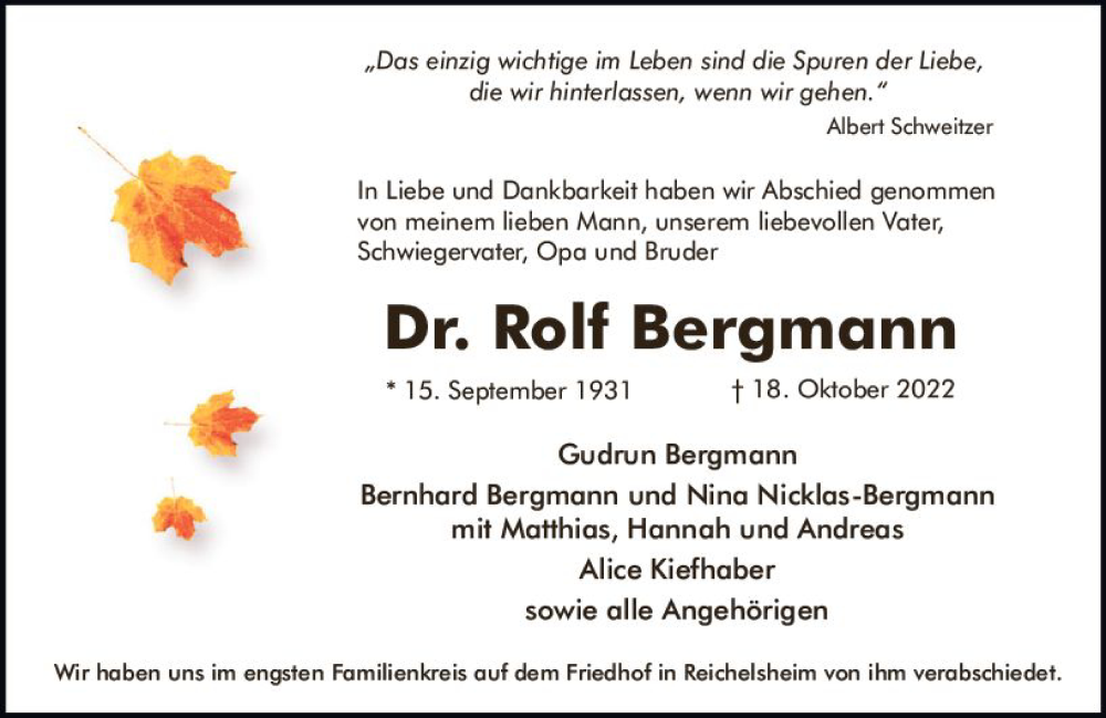  Traueranzeige für Rolf Bergmann vom 29.10.2022 aus vrm-trauer Odenwälder Echo