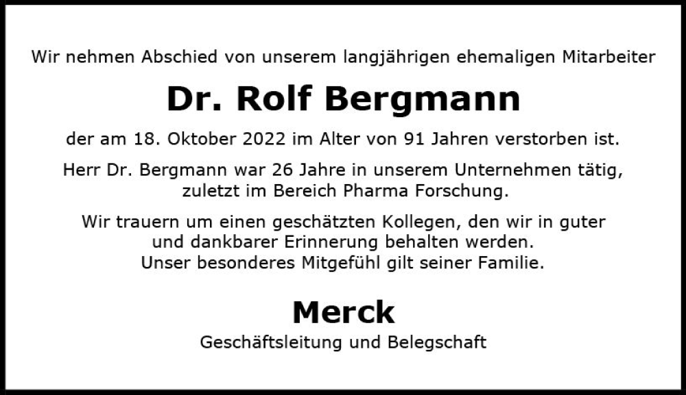  Traueranzeige für Rolf Bergmann vom 29.10.2022 aus vrm-trauer Darmstädter Echo