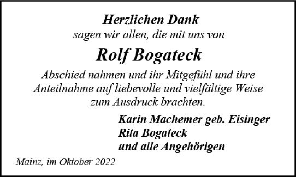  Traueranzeige für Rolf Bogateck vom 22.10.2022 aus vrm-trauer AZ Mainz