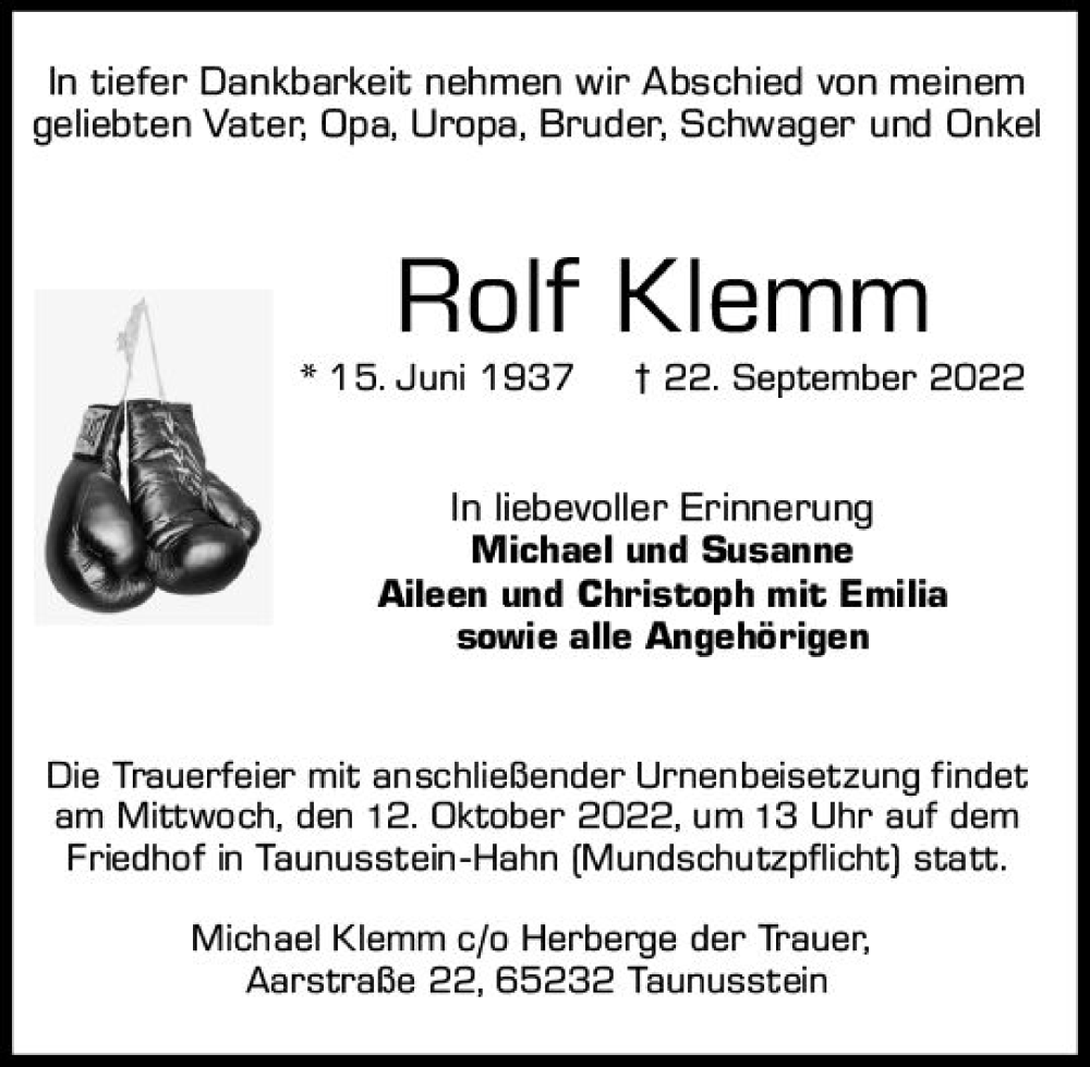  Traueranzeige für Rolf Klemm vom 08.10.2022 aus vrm-trauer Wiesbadener Kurier