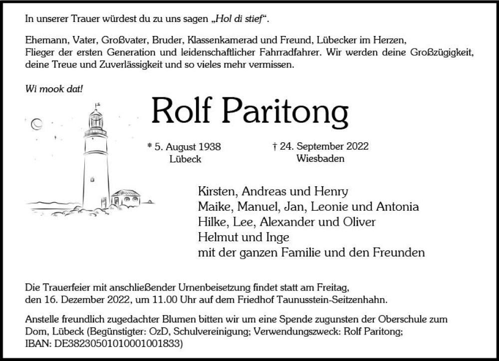  Traueranzeige für Rolf Paritong vom 22.10.2022 aus vrm-trauer WK-UTA
