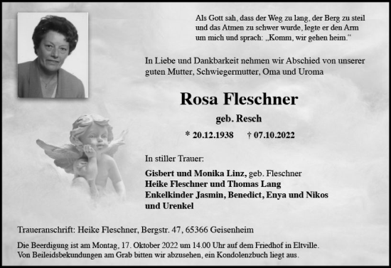 Traueranzeige von Rosa Fleschner von vrm-trauer Rheingau