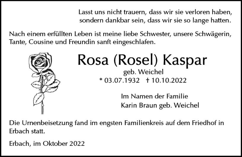  Traueranzeige für Rosa Kaspar vom 29.10.2022 aus vrm-trauer Odenwälder Echo