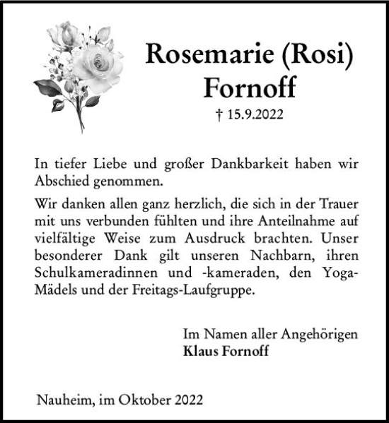 Traueranzeige von Rosemarie Fornoff von vrm-trauer Rüsselsheimer Echo / MainSpitze