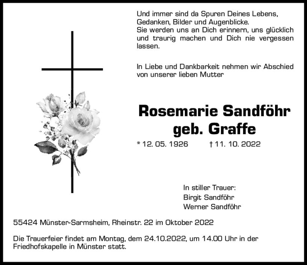  Traueranzeige für Rosemarie Sandföhr vom 15.10.2022 aus vrm-trauer Allgemeine  Zeitung Ingelheim-Bingen