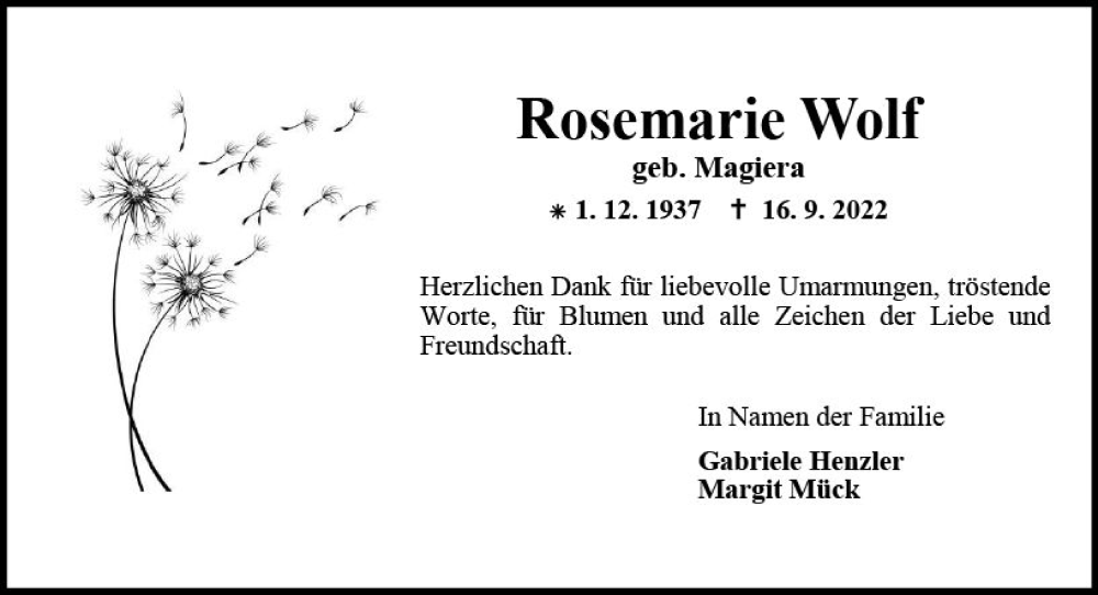  Traueranzeige für Rosemarie Wolf vom 15.10.2022 aus vrm-trauer AZ Mainz