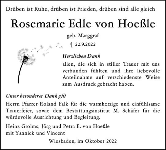 Traueranzeige von Rosemarie Edle von Hoeßle von vrm-trauer Wiesbadener Kurier
