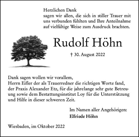 Traueranzeige von Rudolf Höhn von vrm-trauer Wiesbadener Kurier