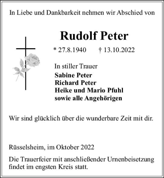 Traueranzeige von Rudolf Peter von vrm-trauer Rüsselsheimer Echo / MainSpitze