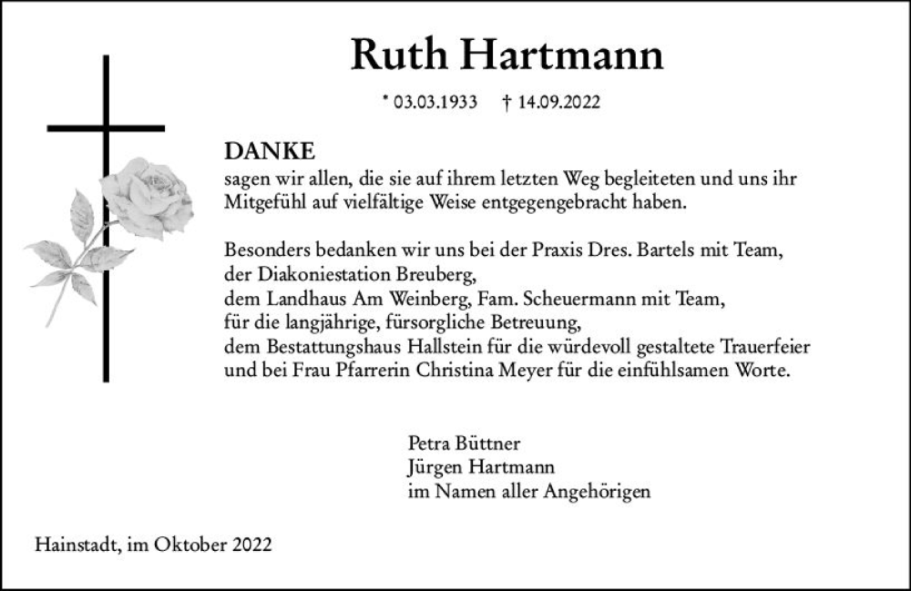  Traueranzeige für Ruth Hartmann vom 22.10.2022 aus vrm-trauer Odenwälder Echo