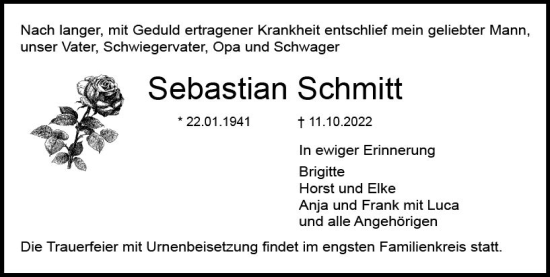 Traueranzeige von Sebastian Schmitt von vrm-trauer DieburgerAnzeiger/Groß-Zimmerner Lokala
