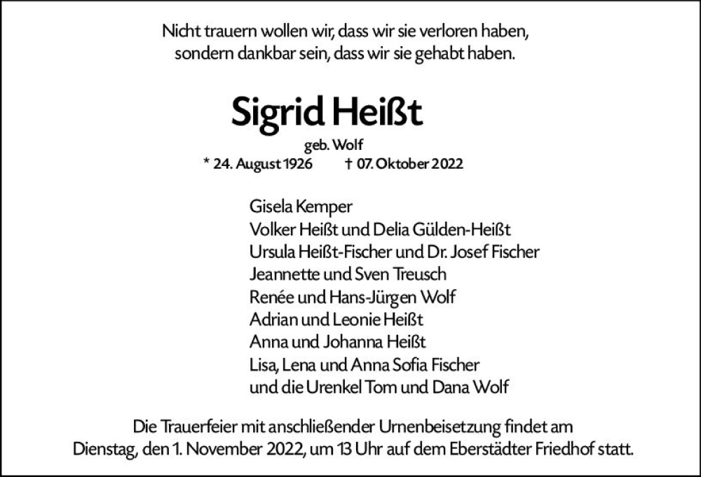  Traueranzeige für Sigrid Heißt vom 29.10.2022 aus vrm-trauer Darmstädter Echo