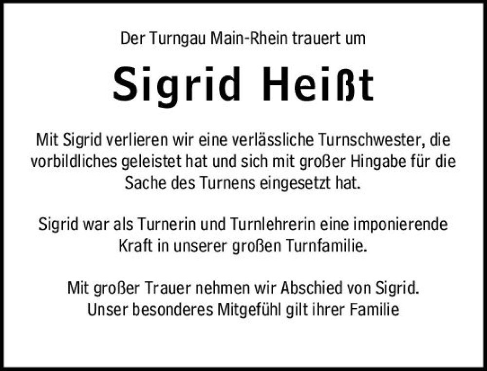  Traueranzeige für Sigrid Heißt vom 29.10.2022 aus vrm-trauer Rüsselsheimer Echo / MainSpitze