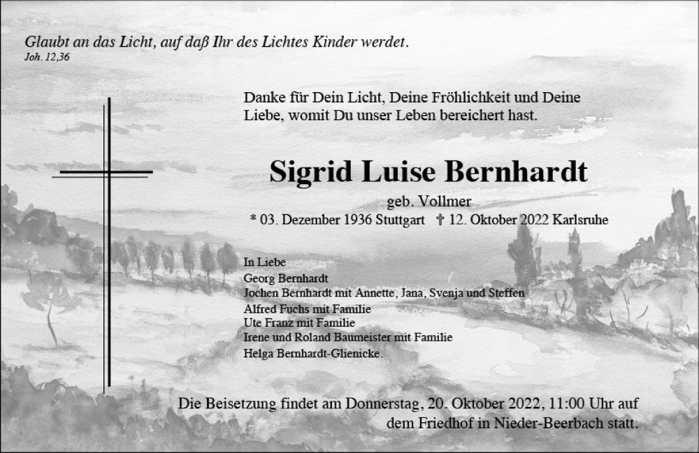  Traueranzeige für Sigrid Luise Bernhardt vom 15.10.2022 aus vrm-trauer Darmstädter Echo