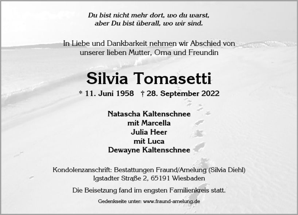  Traueranzeige für Silvia Tomasetti vom 15.10.2022 aus vrm-trauer Wiesbadener Kurier