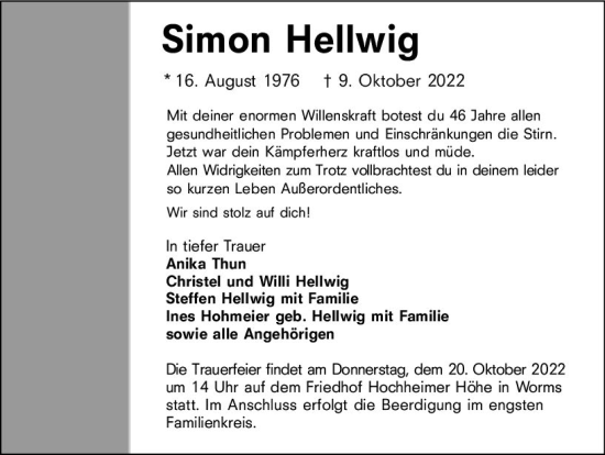 Traueranzeige von Simon Hellwig von vrm-trauer Wormser Zeitung