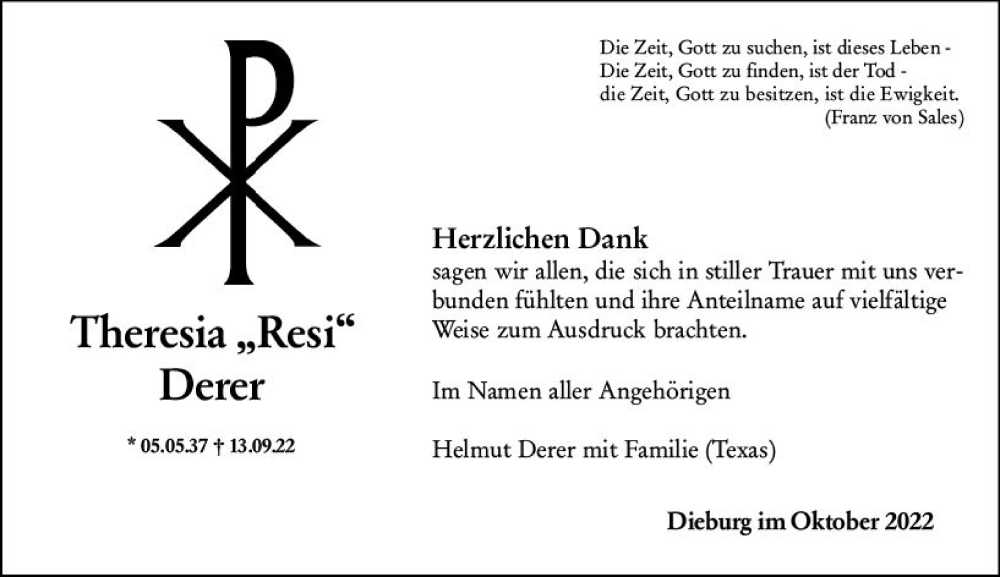  Traueranzeige für Theresia Derer vom 29.10.2022 aus vrm-trauer DieburgerAnzeiger/Groß-Zimmerner Lokala