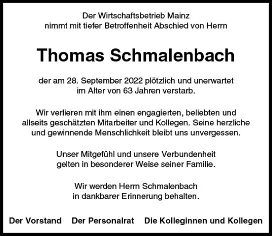Traueranzeige von Thomas Schmalenbach von vrm-trauer AZ Mainz